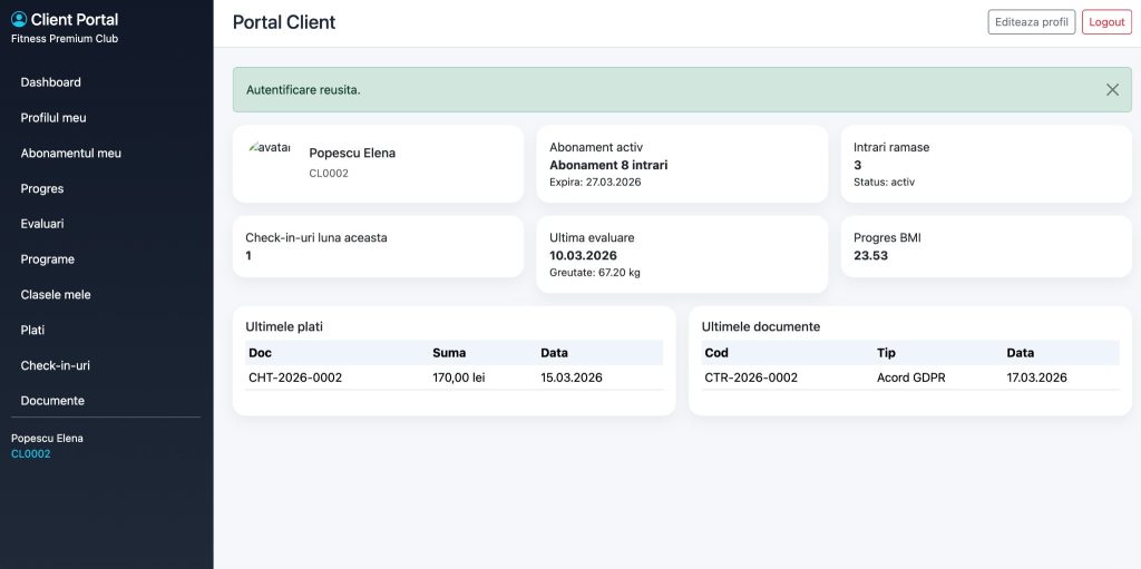 Portal client FitnessApp