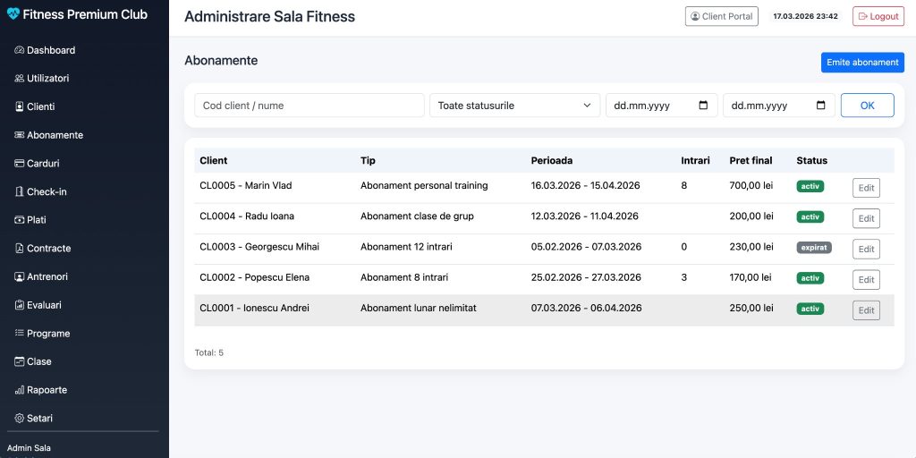 Listă clienți FitnessApp