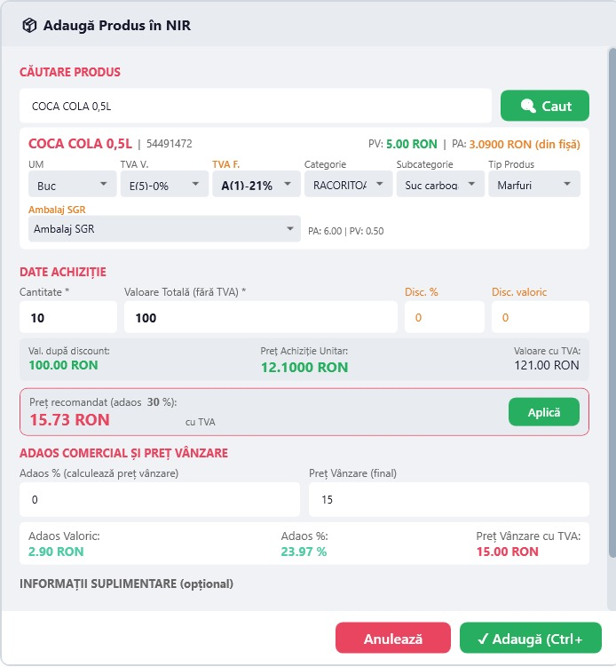 SoftOK 2.0 BackOffice – adăugare produs pe NIR